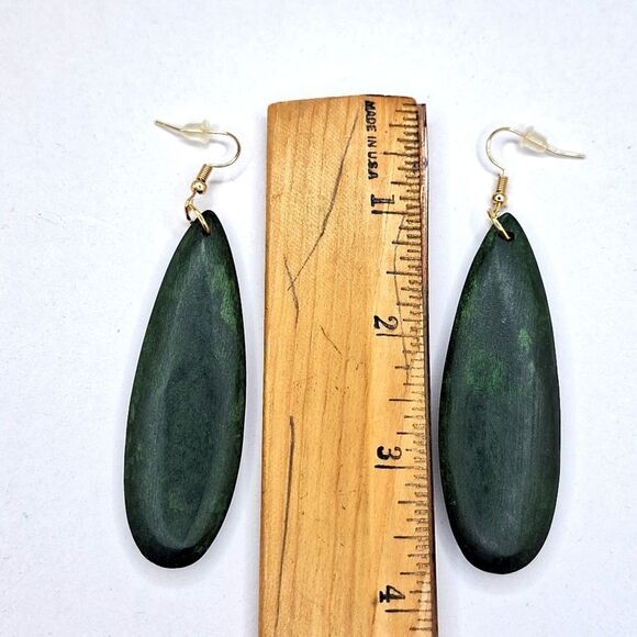 Long Forest green drop earrings tear drop  shape wood jewelry handmade - Picture 3 of 3